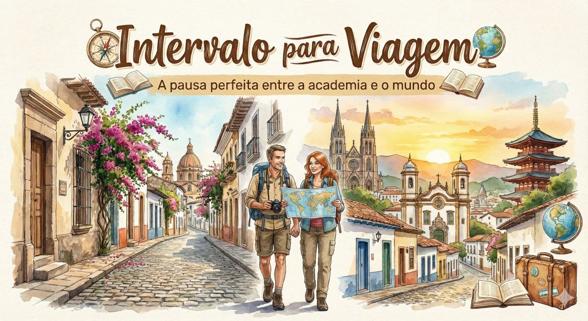 Banner ilustrado do blog Intervalo para Viagem, mostrando um casal de professores viajando pelo mundo