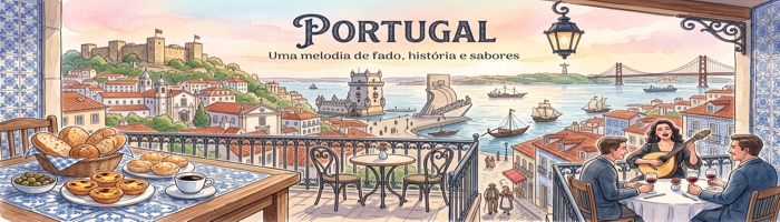 Banner ilustrado do blog Intervalo para Viagem, mostrando as principais atracões de Portugal